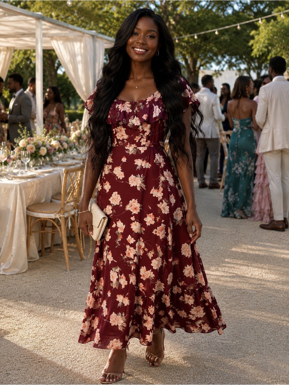NWT Floral Ruffled Maxi Dress in Burgundy